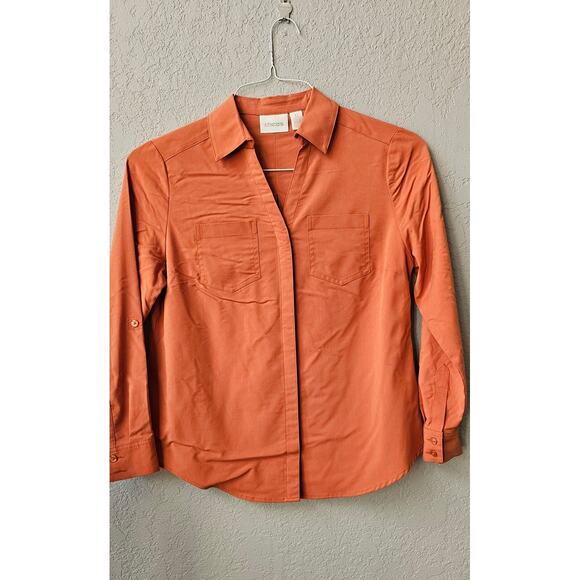 Chico's‎ Silky Soft Relaxed Button Down  Shirt Women Size 0 Small Petite Orange - Picture 1 of 6